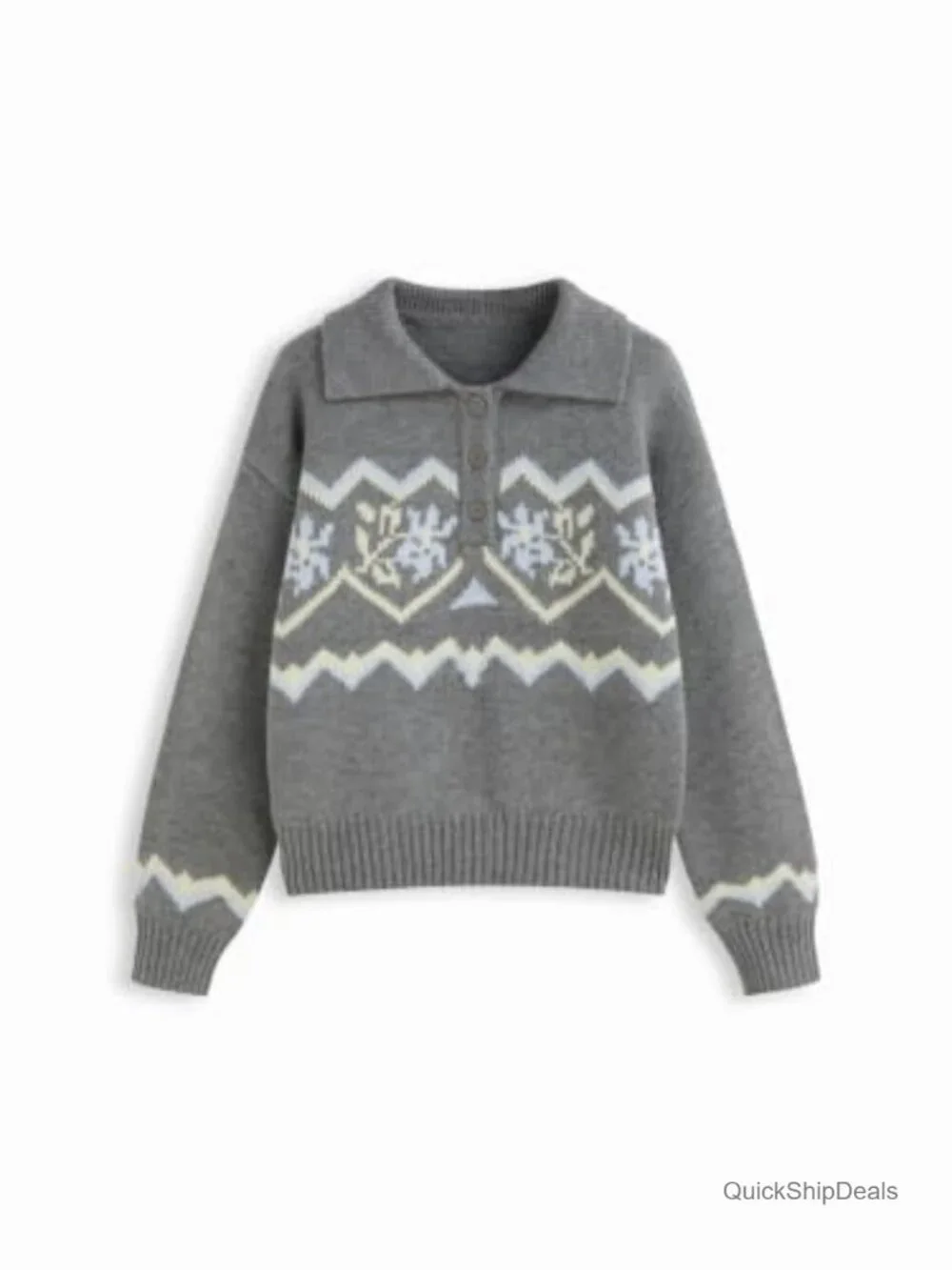 Fair Isle Argyle Knit Polo Sweater Button Placket Pullover Top